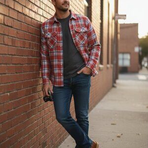 CHERRY Made in U.S.A. Red Blue Plaid Flannel Button Down Shirt M/L